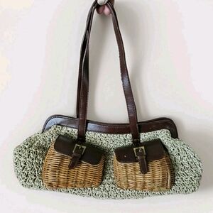 Vintage Wicker Weave Paper Straw Handbag Leather Trim & Handle Natural Beige